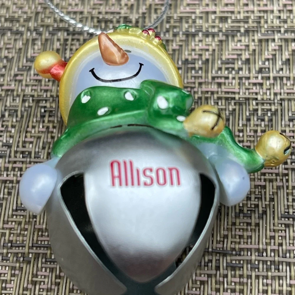 Allison Personalized Jingle Bell Snowman Christmas Ornament NWT